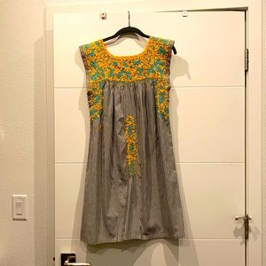 RARE Mi Golondrina — yellow and teal on grey and white stripe Flores dress — S